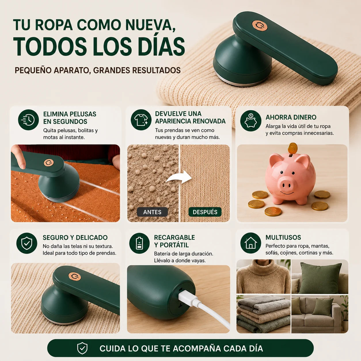 QUITA PELUSAS ELÉCTRICO RECARGABLE